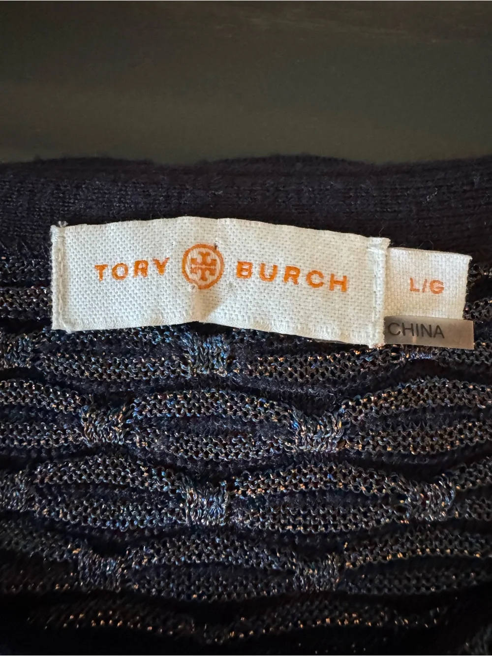 Tory Burch Lurex Blue Metallic Wave Scallop Knit Sweater Large Merino Wool L